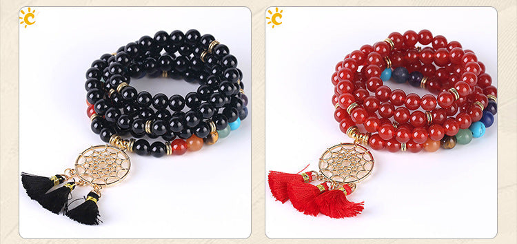 Indian Gold Plated Dream Catcher Bracelet - 108 Rosary Bracelet - Natural Crystal Stone Seven Chakra Yoga Bracelet