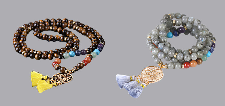 Indian Gold Plated Dream Catcher Bracelet - 108 Rosary Bracelet - Natural Crystal Stone Seven Chakra Yoga Bracelet