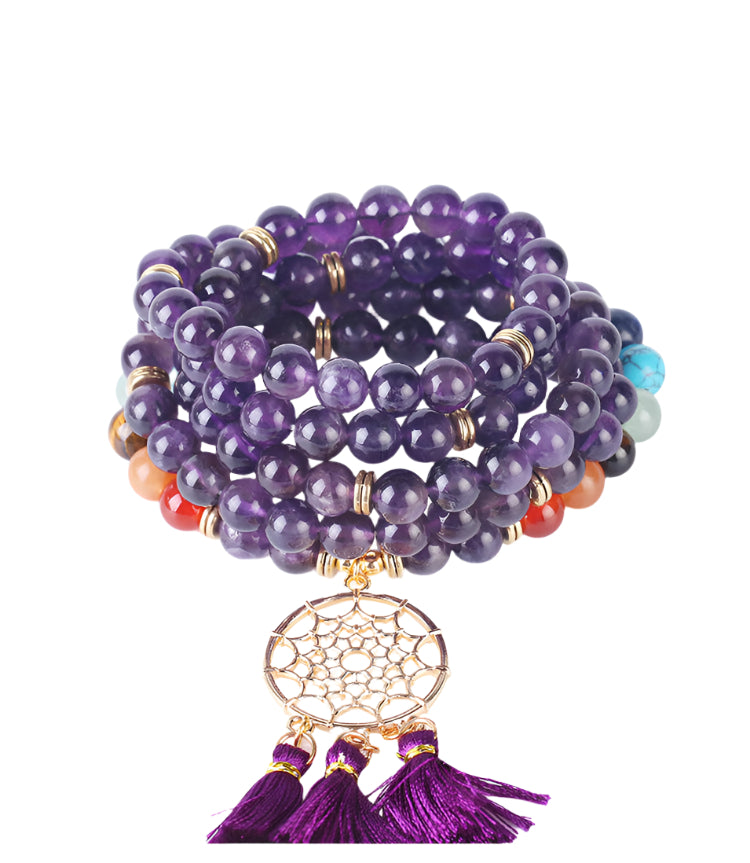 Indian Gold Plated Dream Catcher Bracelet - 108 Rosary Bracelet - Natural Crystal Stone Seven Chakra Yoga Bracelet