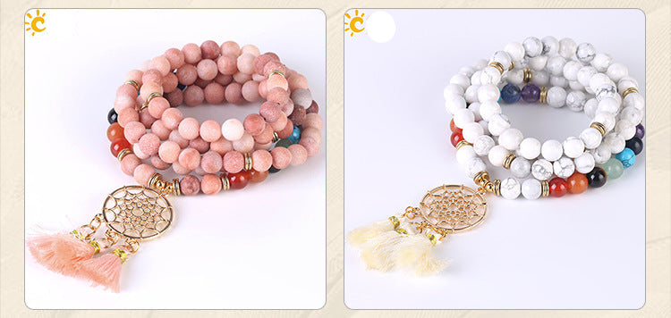 Indian Gold Plated Dream Catcher Bracelet - 108 Rosary Bracelet - Natural Crystal Stone Seven Chakra Yoga Bracelet