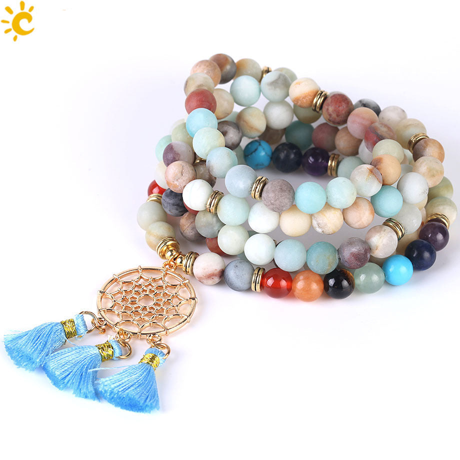 Indian Gold Plated Dream Catcher Bracelet - 108 Rosary Bracelet - Natural Crystal Stone Seven Chakra Yoga Bracelet