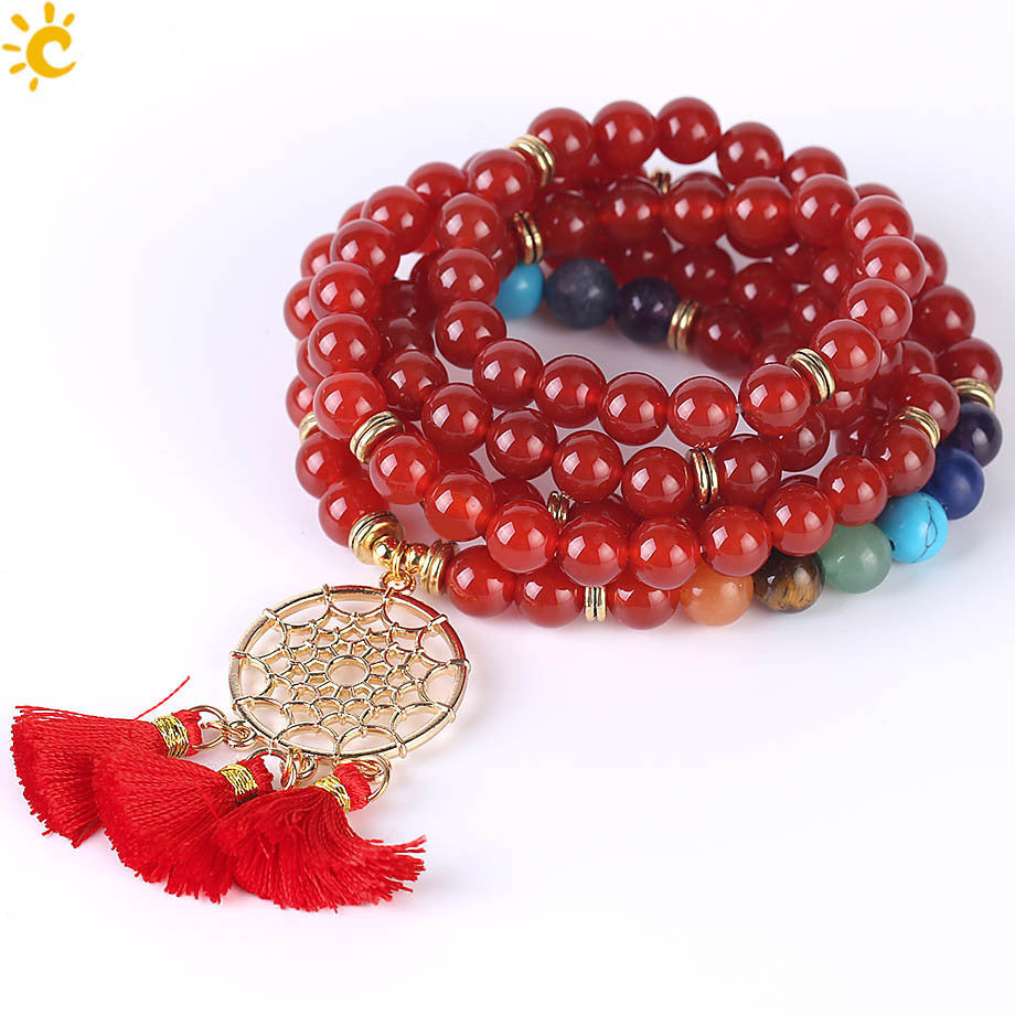 Indian Gold Plated Dream Catcher Bracelet - 108 Rosary Bracelet - Natural Crystal Stone Seven Chakra Yoga Bracelet