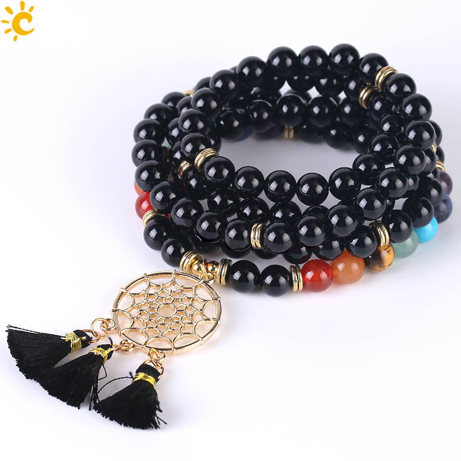 Indian Gold Plated Dream Catcher Bracelet - 108 Rosary Bracelet - Natural Crystal Stone Seven Chakra Yoga Bracelet