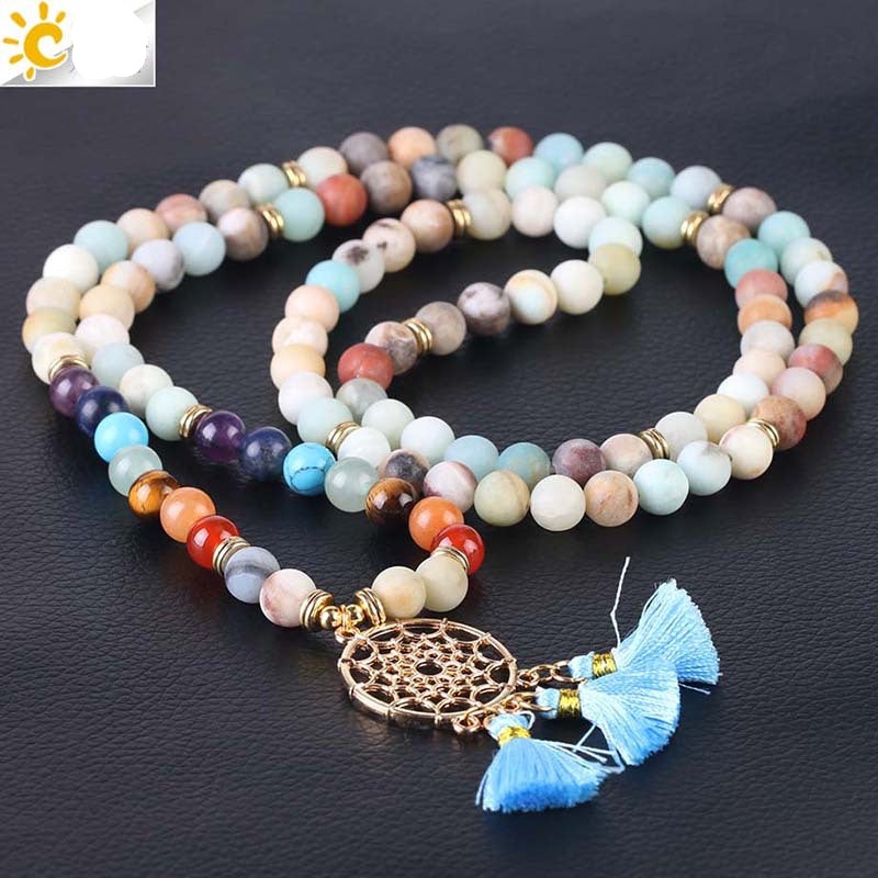 Indian Gold Plated Dream Catcher Bracelet - 108 Rosary Bracelet - Natural Crystal Stone Seven Chakra Yoga Bracelet