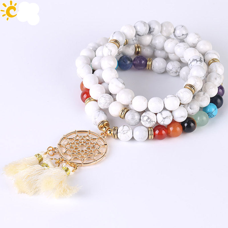 Indian Gold Plated Dream Catcher Bracelet - 108 Rosary Bracelet - Natural Crystal Stone Seven Chakra Yoga Bracelet
