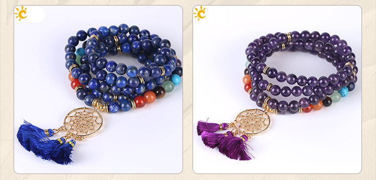 Indian Gold Plated Dream Catcher Bracelet - 108 Rosary Bracelet - Natural Crystal Stone Seven Chakra Yoga Bracelet