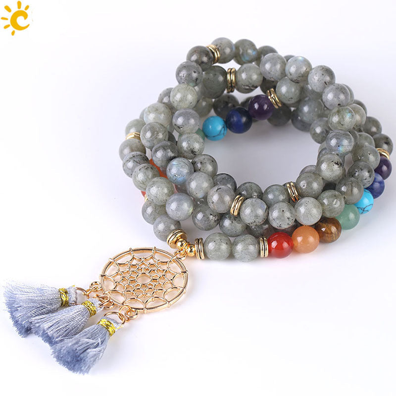 Indian Gold Plated Dream Catcher Bracelet - 108 Rosary Bracelet - Natural Crystal Stone Seven Chakra Yoga Bracelet