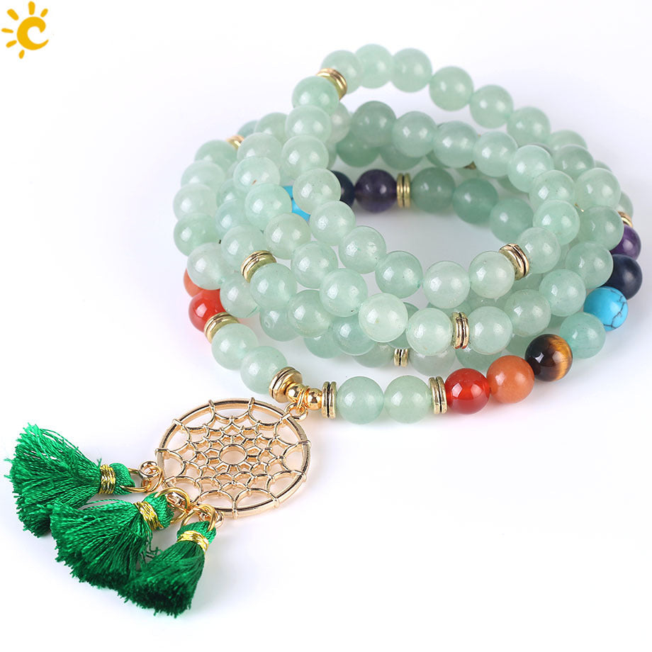 Indian Gold Plated Dream Catcher Bracelet - 108 Rosary Bracelet - Natural Crystal Stone Seven Chakra Yoga Bracelet