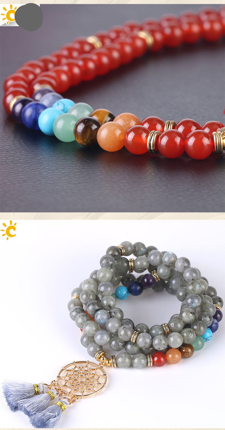 Indian Gold Plated Dream Catcher Bracelet - 108 Rosary Bracelet - Natural Crystal Stone Seven Chakra Yoga Bracelet