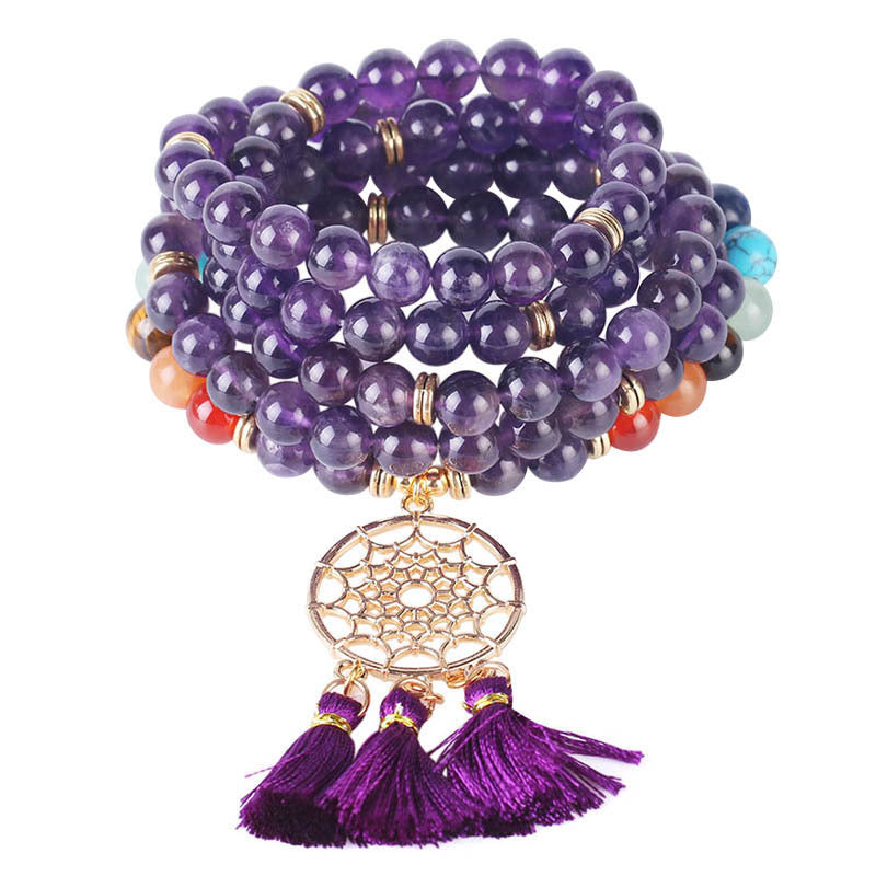 Indian Gold Plated Dream Catcher Bracelet - 108 Rosary Bracelet - Natural Crystal Stone Seven Chakra Yoga Bracelet