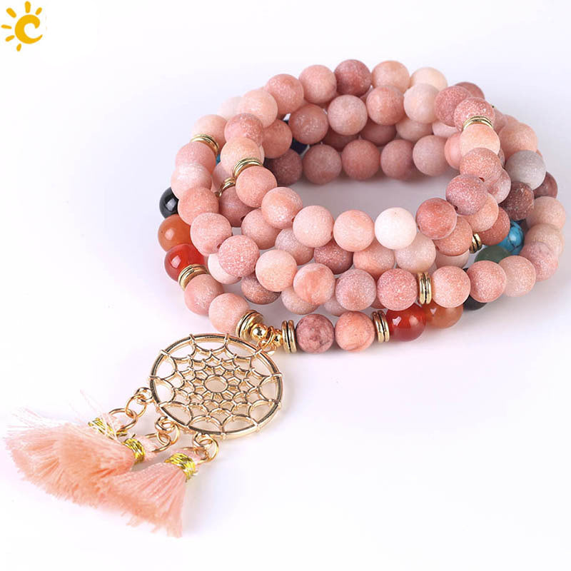 Indian Gold Plated Dream Catcher Bracelet - 108 Rosary Bracelet - Natural Crystal Stone Seven Chakra Yoga Bracelet