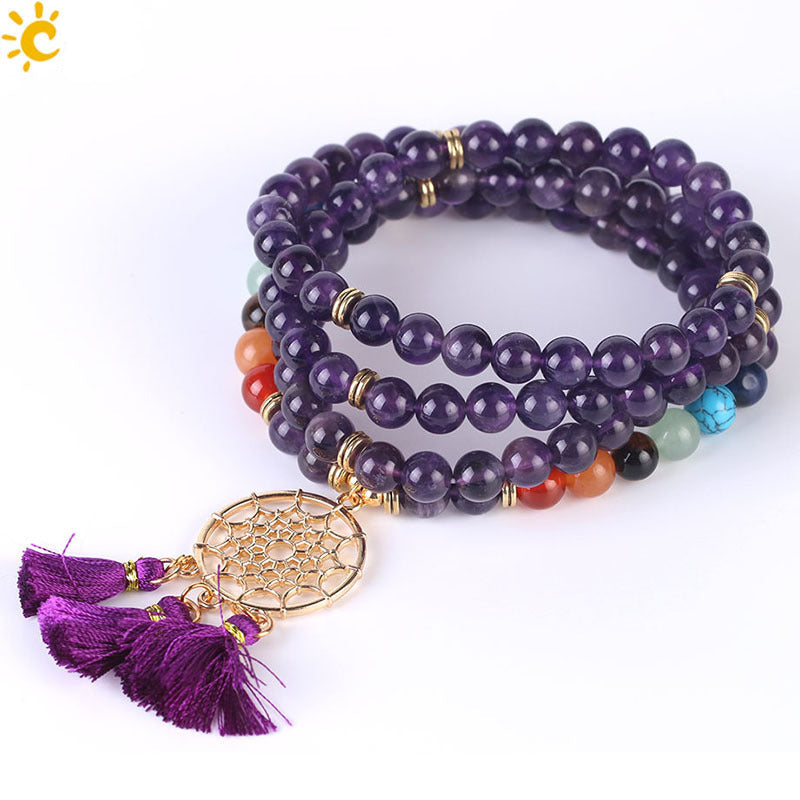 Indian Gold Plated Dream Catcher Bracelet - 108 Rosary Bracelet - Natural Crystal Stone Seven Chakra Yoga Bracelet