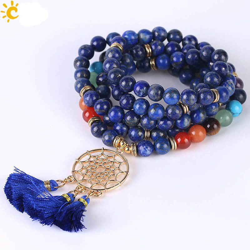 Indian Gold Plated Dream Catcher Bracelet - 108 Rosary Bracelet - Natural Crystal Stone Seven Chakra Yoga Bracelet