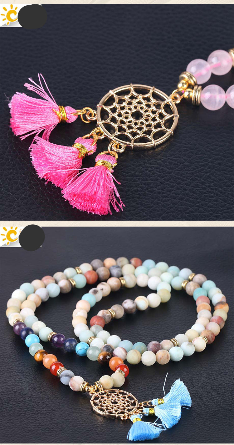Indian Gold Plated Dream Catcher Bracelet - 108 Rosary Bracelet - Natural Crystal Stone Seven Chakra Yoga Bracelet