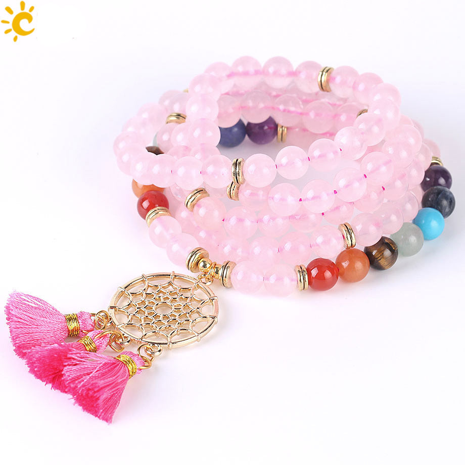 Indian Gold Plated Dream Catcher Bracelet - 108 Rosary Bracelet - Natural Crystal Stone Seven Chakra Yoga Bracelet