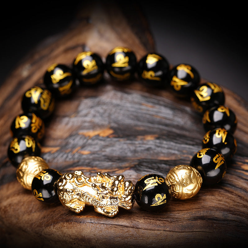 Elegant - Crystal bracelet copper sand gold-plated six-character mantra for men and women natural obsidian Pixiu bracelet