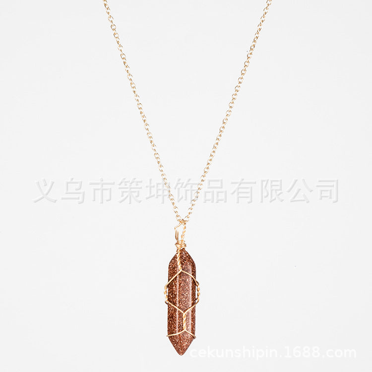 European and American hot-selling models -- Hexagonal column crystal wire necklace hand-wound natural stone crystal pendant