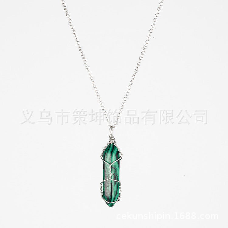 European and American hot-selling models -- Hexagonal column crystal wire necklace hand-wound natural stone crystal pendant