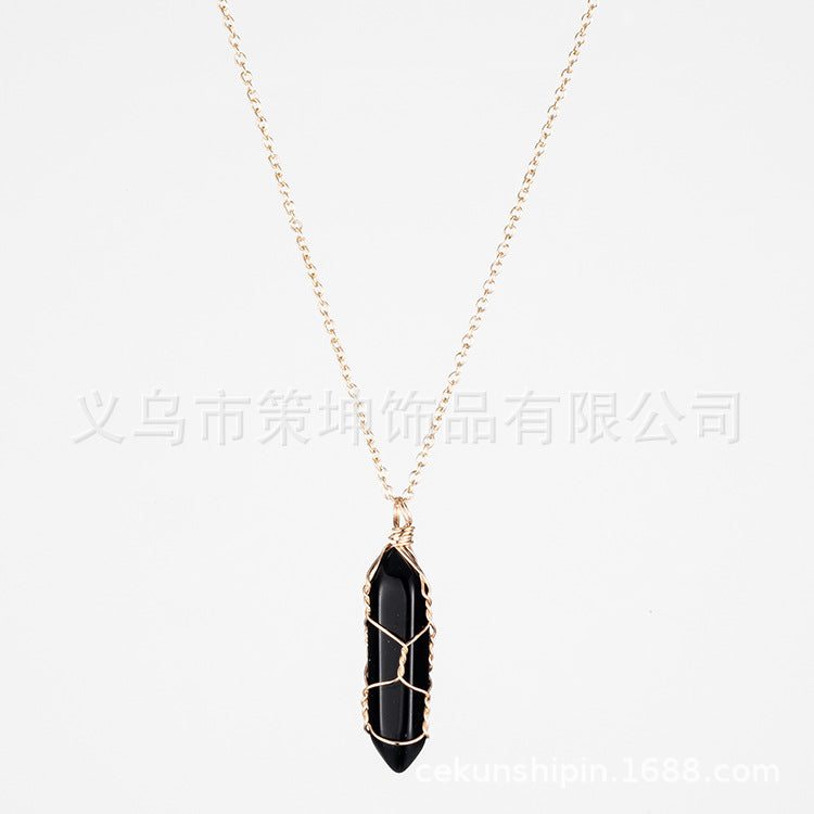European and American hot-selling models -- Hexagonal column crystal wire necklace hand-wound natural stone crystal pendant