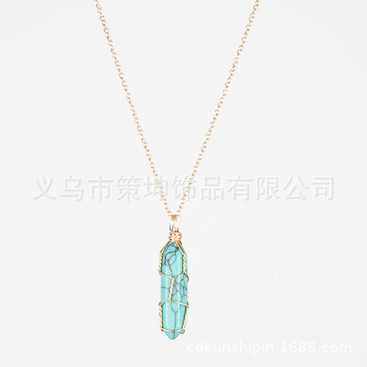 European and American hot-selling models -- Hexagonal column crystal wire necklace hand-wound natural stone crystal pendant