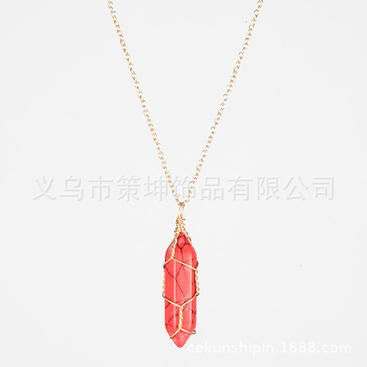 European and American hot-selling models -- Hexagonal column crystal wire necklace hand-wound natural stone crystal pendant