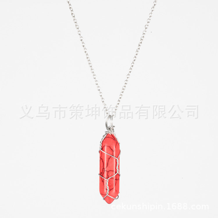 European and American hot-selling models -- Hexagonal column crystal wire necklace hand-wound natural stone crystal pendant