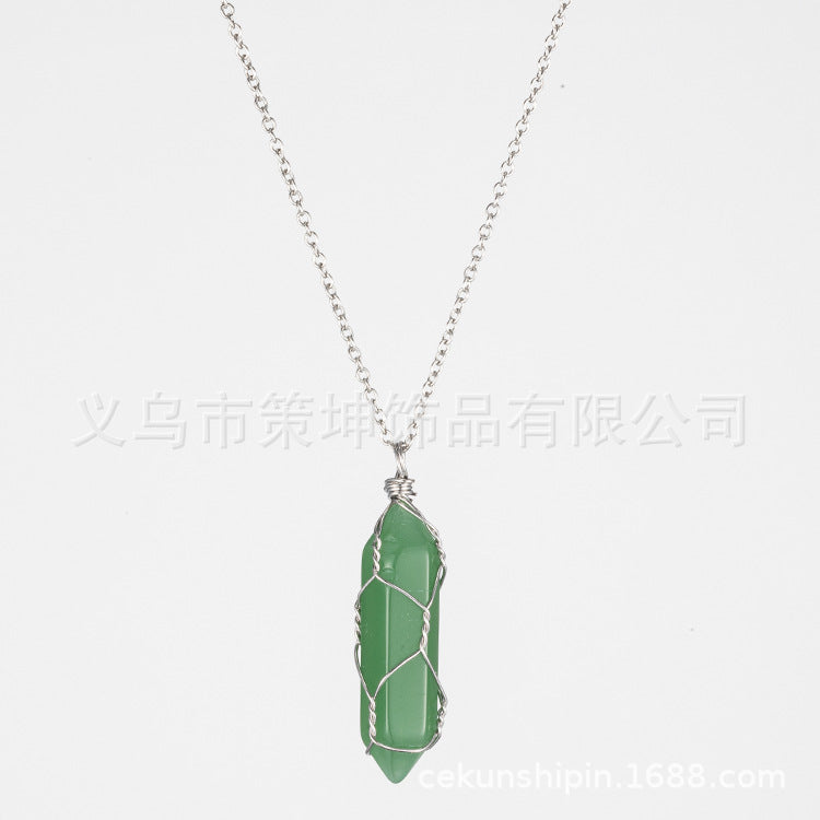 European and American hot-selling models -- Hexagonal column crystal wire necklace hand-wound natural stone crystal pendant