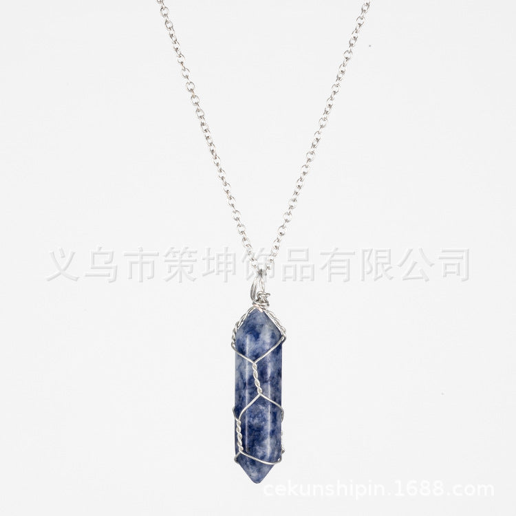 European and American hot-selling models -- Hexagonal column crystal wire necklace hand-wound natural stone crystal pendant