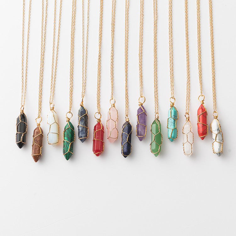 European and American hot-selling models -- Hexagonal column crystal wire necklace hand-wound natural stone crystal pendant