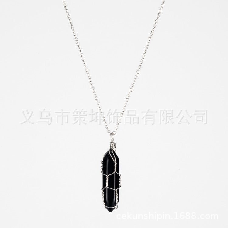European and American hot-selling models -- Hexagonal column crystal wire necklace hand-wound natural stone crystal pendant