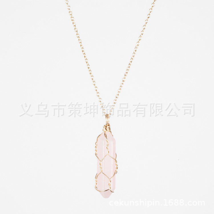 European and American hot-selling models -- Hexagonal column crystal wire necklace hand-wound natural stone crystal pendant