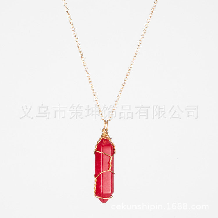 European and American hot-selling models -- Hexagonal column crystal wire necklace hand-wound natural stone crystal pendant