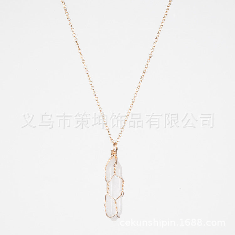 European and American hot-selling models -- Hexagonal column crystal wire necklace hand-wound natural stone crystal pendant