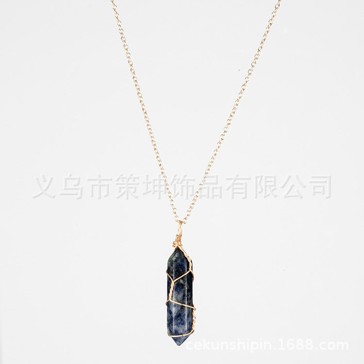 European and American hot-selling models -- Hexagonal column crystal wire necklace hand-wound natural stone crystal pendant