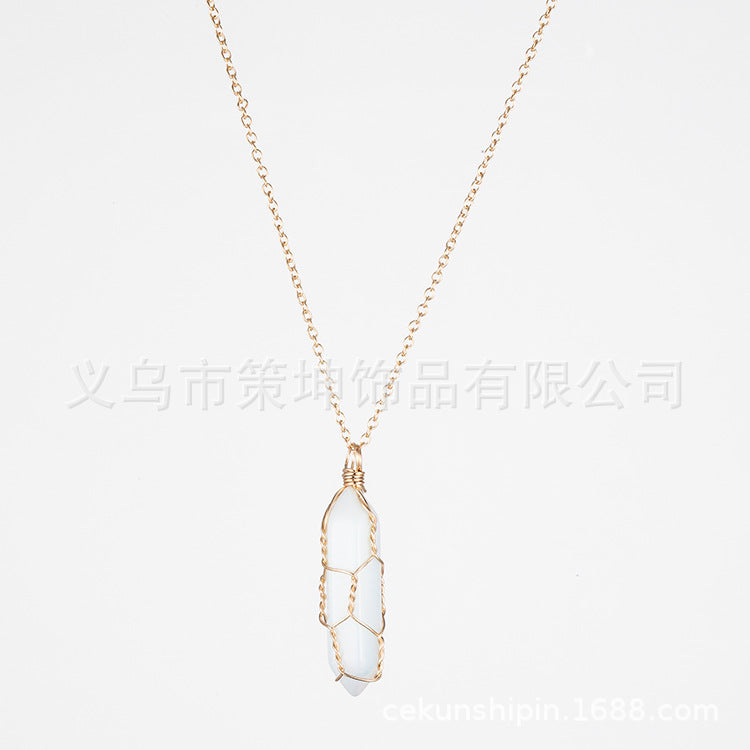 European and American hot-selling models -- Hexagonal column crystal wire necklace hand-wound natural stone crystal pendant