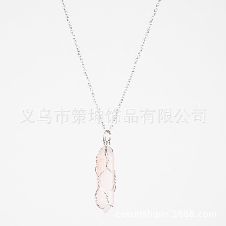 European and American hot-selling models -- Hexagonal column crystal wire necklace hand-wound natural stone crystal pendant