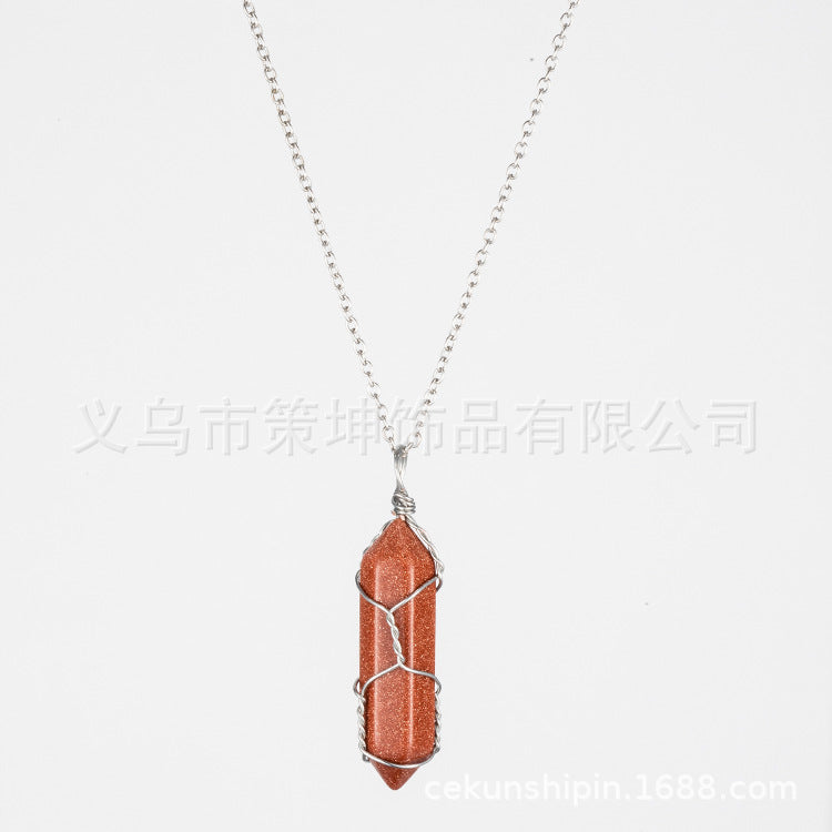 European and American hot-selling models -- Hexagonal column crystal wire necklace hand-wound natural stone crystal pendant