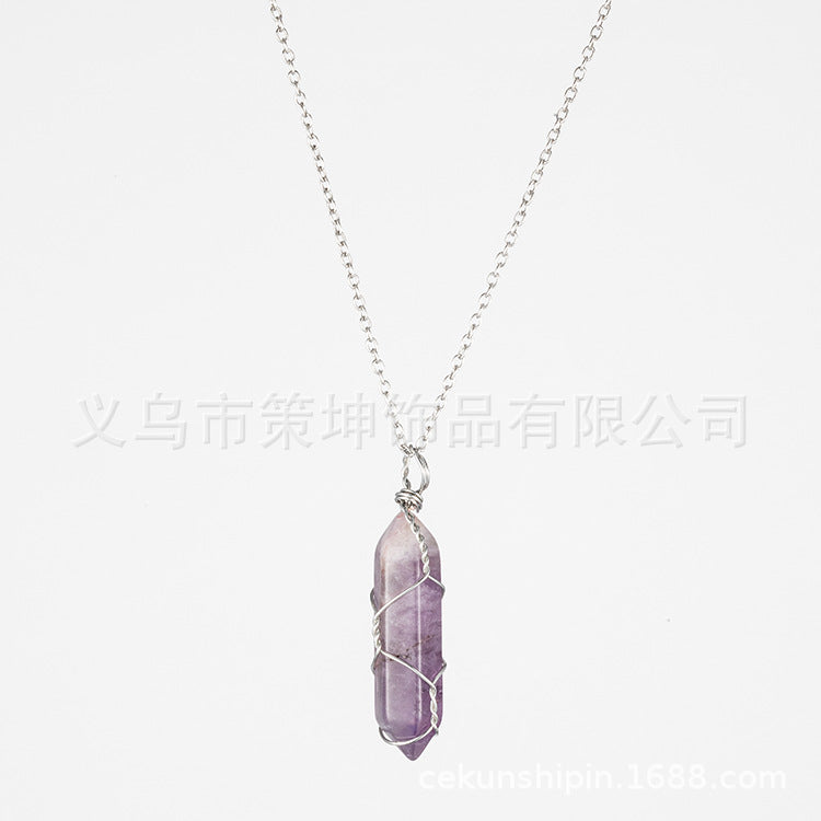 European and American hot-selling models -- Hexagonal column crystal wire necklace hand-wound natural stone crystal pendant