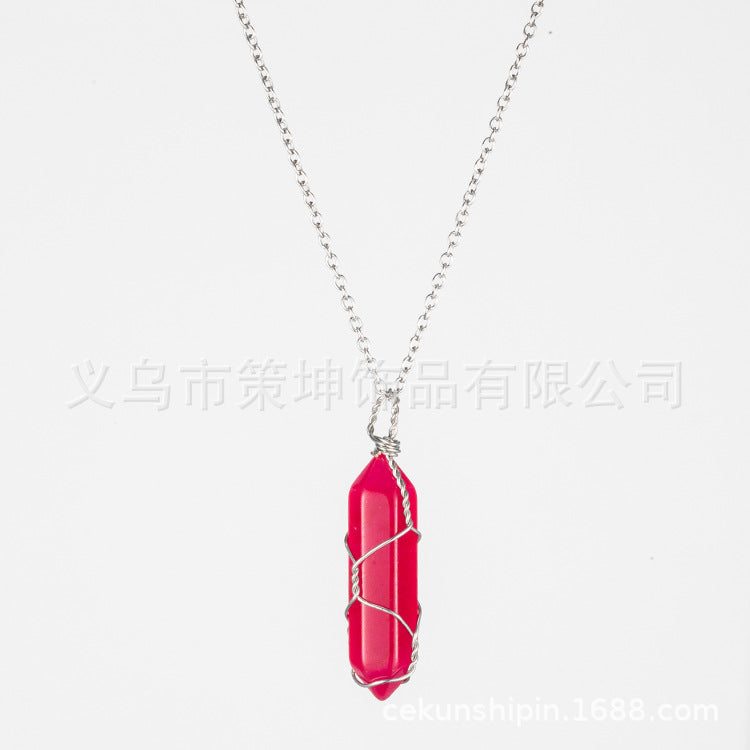 European and American hot-selling models -- Hexagonal column crystal wire necklace hand-wound natural stone crystal pendant
