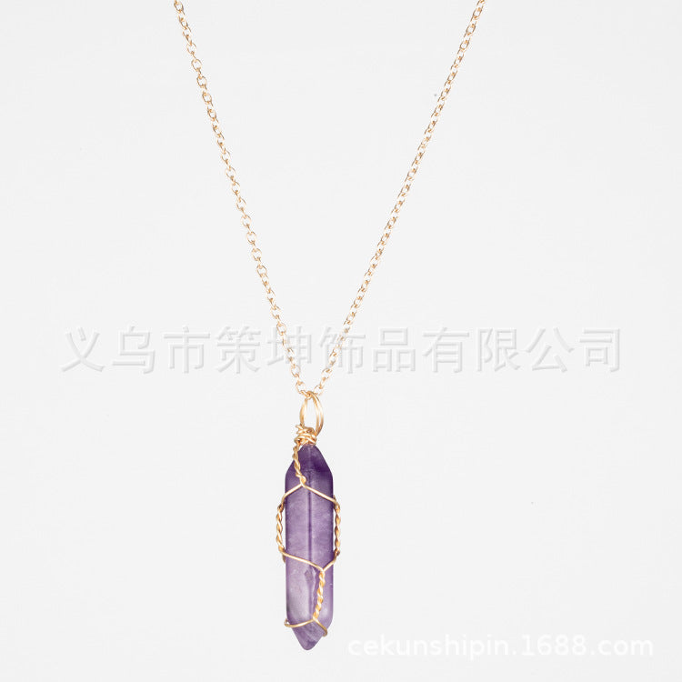 European and American hot-selling models -- Hexagonal column crystal wire necklace hand-wound natural stone crystal pendant
