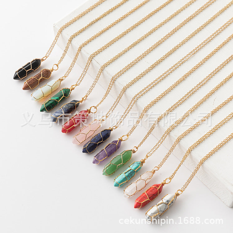 European and American hot-selling models -- Hexagonal column crystal wire necklace hand-wound natural stone crystal pendant