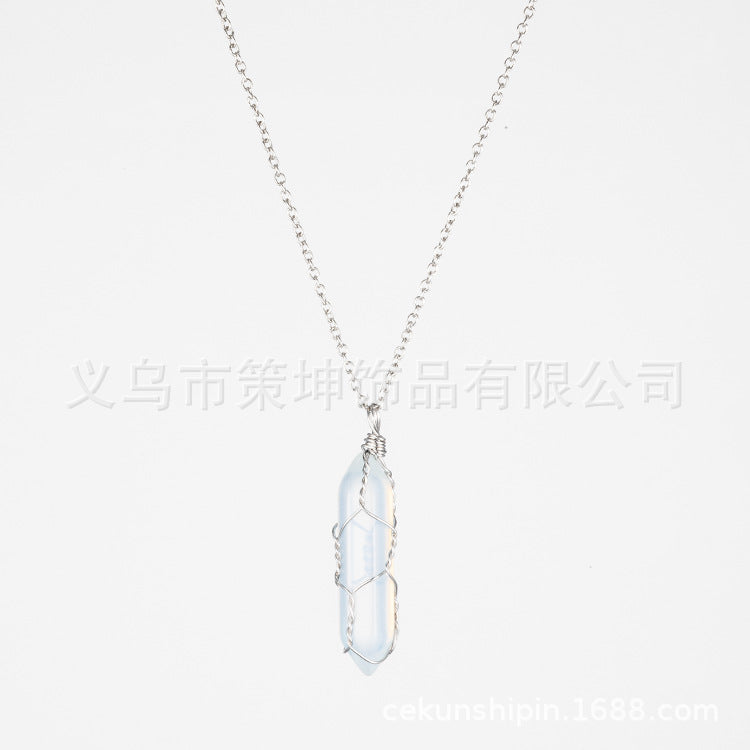 European and American hot-selling models -- Hexagonal column crystal wire necklace hand-wound natural stone crystal pendant