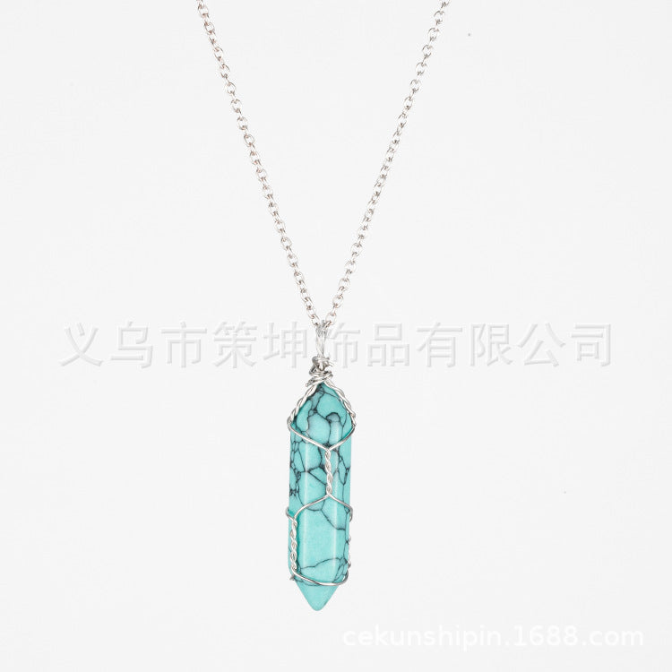 European and American hot-selling models -- Hexagonal column crystal wire necklace hand-wound natural stone crystal pendant