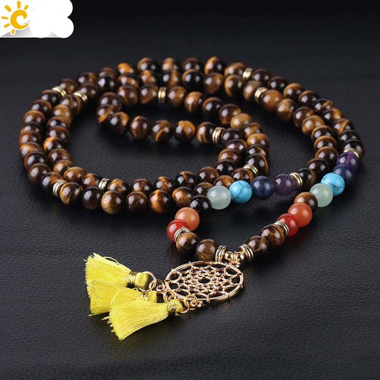 Indian Gold Plated Dream Catcher Bracelet - 108 Rosary Bracelet - Natural Crystal Stone Seven Chakra Yoga Bracelet