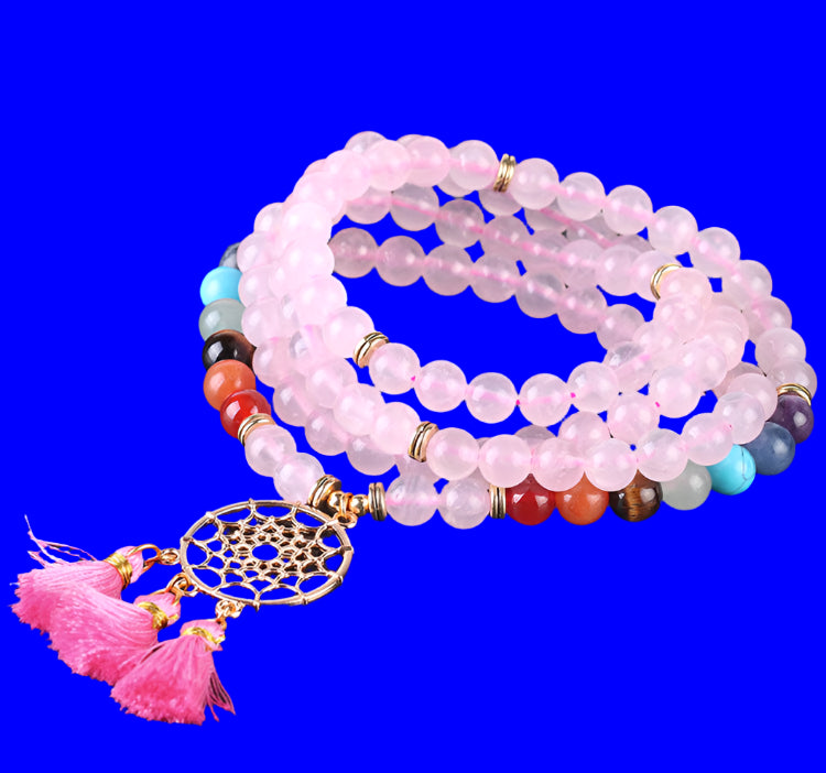 Indian Gold Plated Dream Catcher Bracelet - 108 Rosary Bracelet - Natural Crystal Stone Seven Chakra Yoga Bracelet