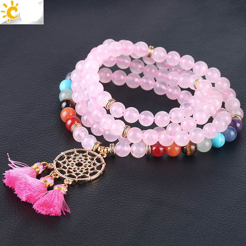 Indian Gold Plated Dream Catcher Bracelet - 108 Rosary Bracelet - Natural Crystal Stone Seven Chakra Yoga Bracelet