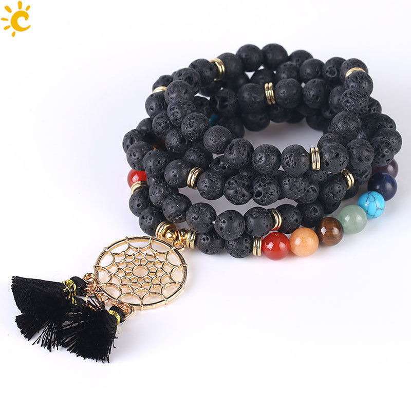 Indian Gold Plated Dream Catcher Bracelet - 108 Rosary Bracelet - Natural Crystal Stone Seven Chakra Yoga Bracelet