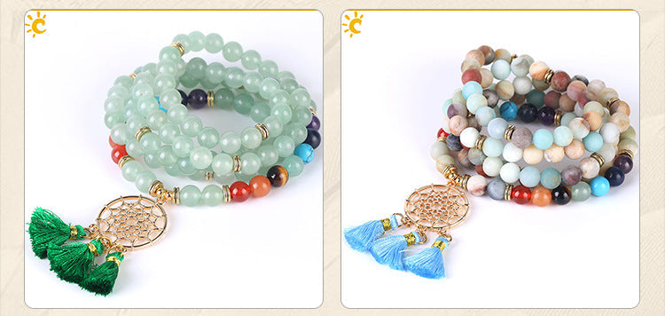 Indian Gold Plated Dream Catcher Bracelet - 108 Rosary Bracelet - Natural Crystal Stone Seven Chakra Yoga Bracelet