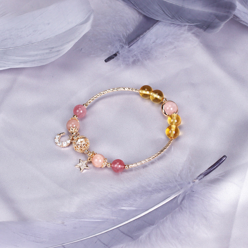 Badu crystal bracelet - strawberry crystal - white moonlight - yellow hair crystal --- FOR LUCK, FORTUNE, LOVE