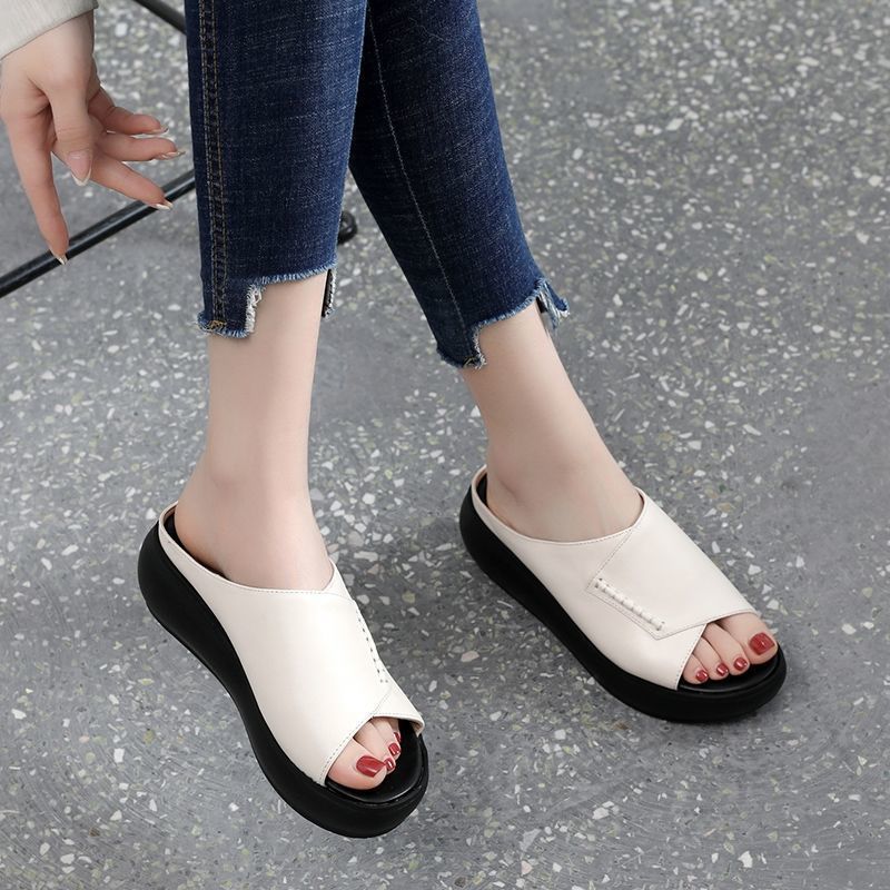 women's slippers soft leather thick bottom increased soft bottom shoes fish mouth slipper (Plastic bag packaging)
